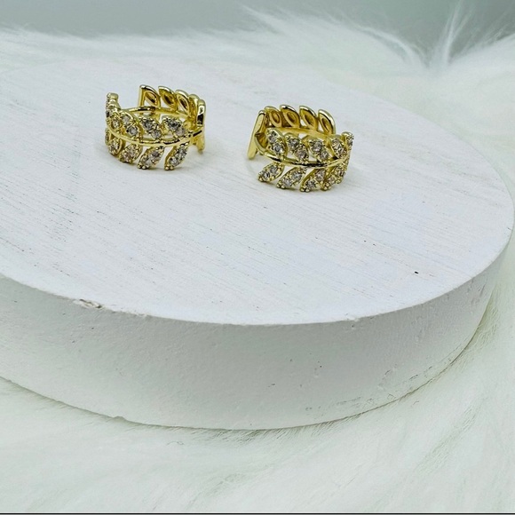 Zircon Olive Branch Leaf Small Hoop Earrings - Gold & Rose Gold Set - Picture 6 of 8